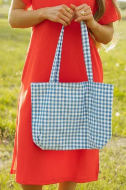 Ali Express Greta Gingham Tote Tan/Blue Sale