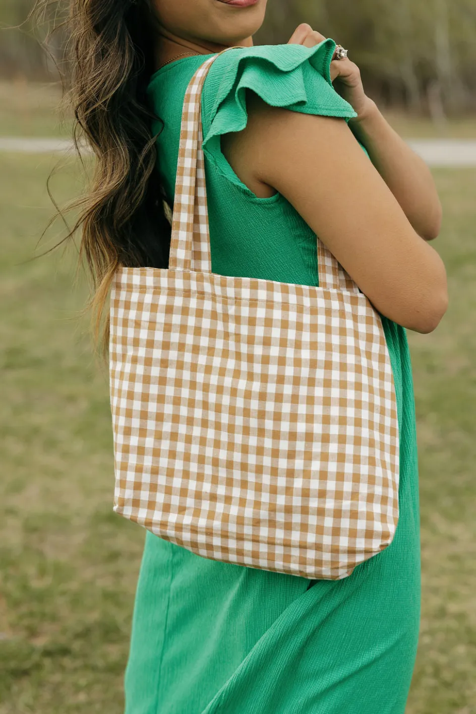 Ali Express Greta Gingham Tote Tan/Blue Sale