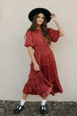 Tea N Rose Jannette Dress-Burnt Umber Red Fashion