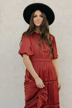 Tea N Rose Jannette Dress-Burnt Umber Red Fashion